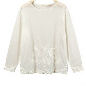 Vintage Ivory Sheer Lace Blouse Romantic Cottagecore Floral Embroidered Top